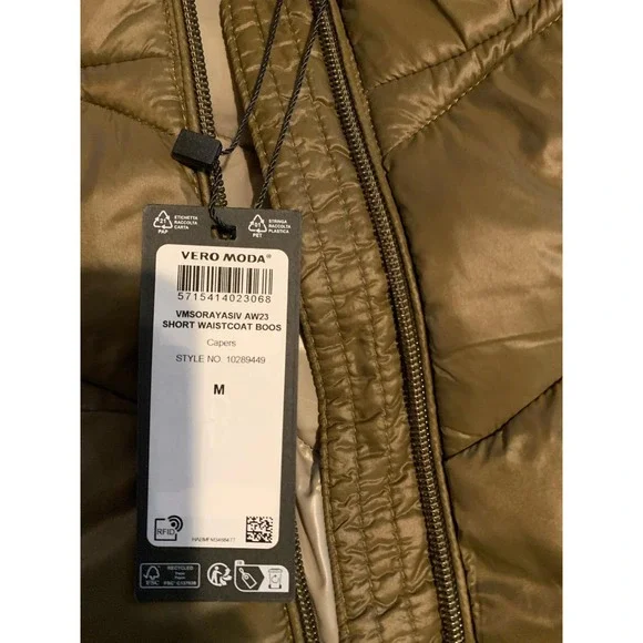 VERO MODA Quilted Puffer Vest Olive Green Zip Front Stand Collar Size M - Picture 6 of 8